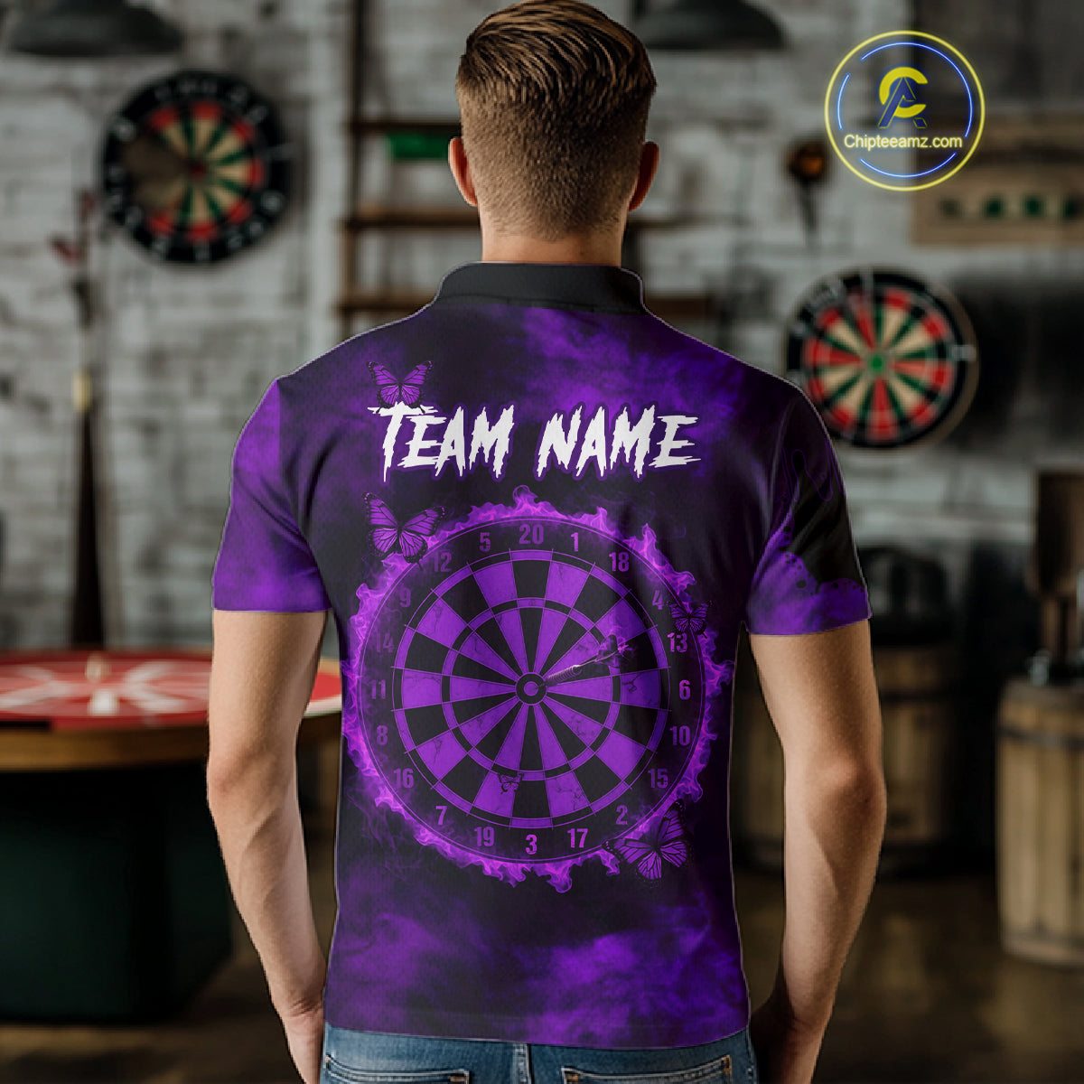 Black And Purple Grunge Skull Butterflies Darts Shirt For Men Custom Dart Jersey Polo & 1/4 Zip TDM4994