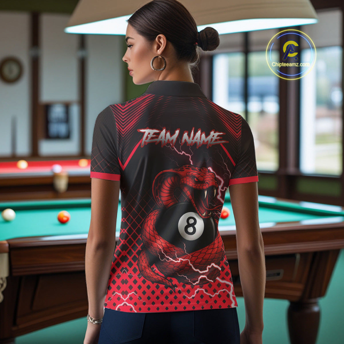 Personalized Red 8 Ball Lightning Cobra Snake Women's Billiards Shirts Custom Pool Team Jerseys TDM5197