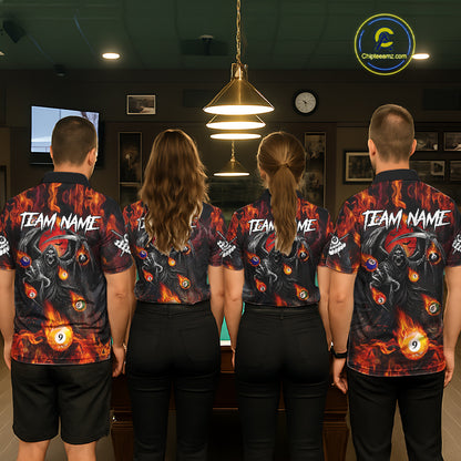 Orange Flaming Grim Reaper Billiard Shirt For Men Custom Fire Pool Team Jersey Polo & Quarter Zip TDM6077