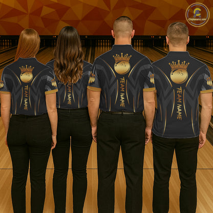 Black And Gold Custom Crown Tribal Bowling Shirt For Women, Bowling Team Jersey Polo & 1/4 Zip TDM6086