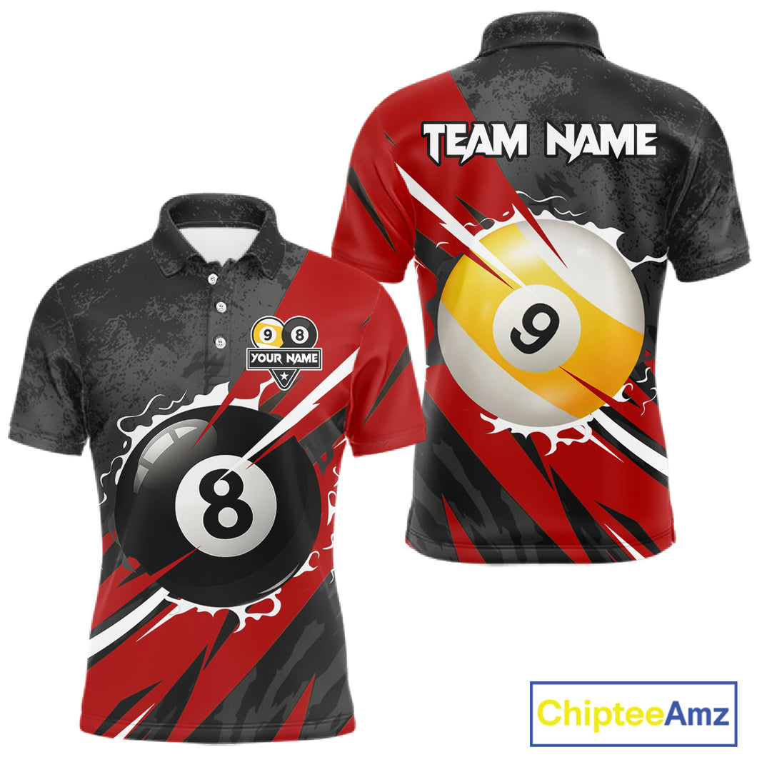 Black And Red 8 Ball & 9 Ball Billiard Shirt For Men Custom Pool Jersey, Billiard Team Shirts TDM5019