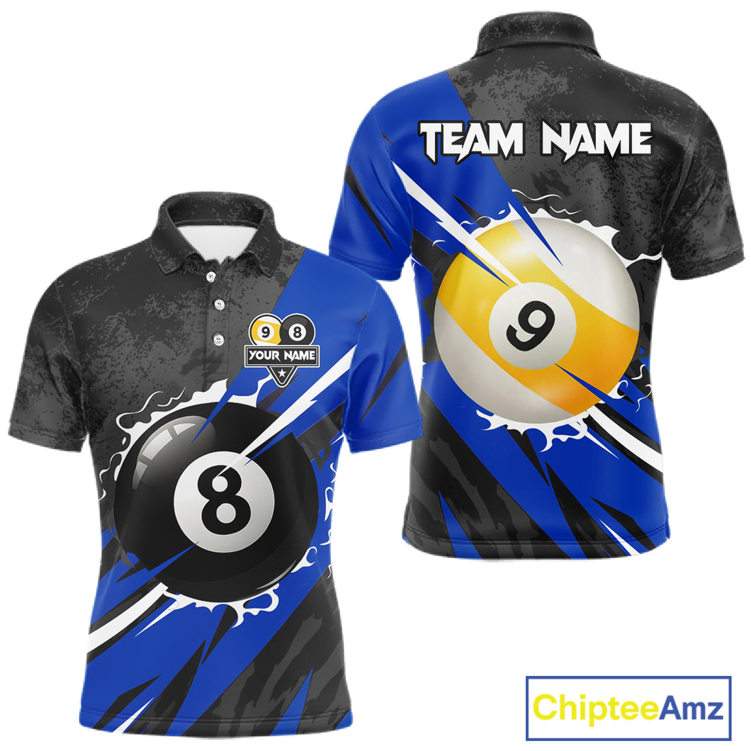Black And Blue 8 Ball & 9 Ball Billiard Shirt For Men Custom Pool Jersey, Billiard Team Shirts TDM5020