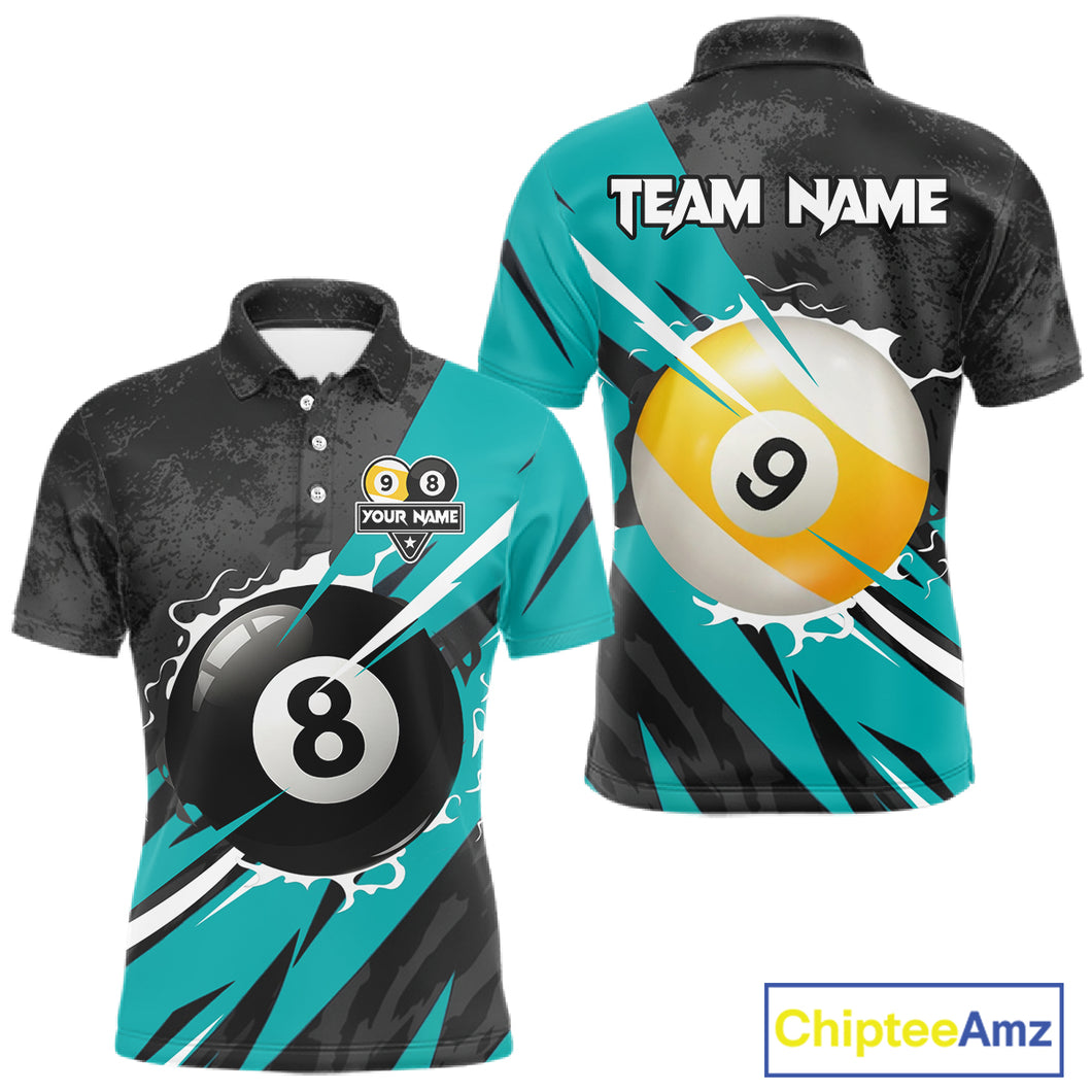 Black And Turquoise 8 Ball & 9 Ball Billiard Shirt For Men Custom Pool Jersey, Billiard Team Shirt TDM5021