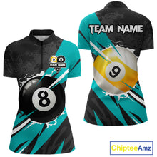 Load image into Gallery viewer, Black And Turquoise 8 Ball &amp; 9 Ball Billiard Shirt For Women Custom Pool Jersey, Billiard Team Shirt TDM5021