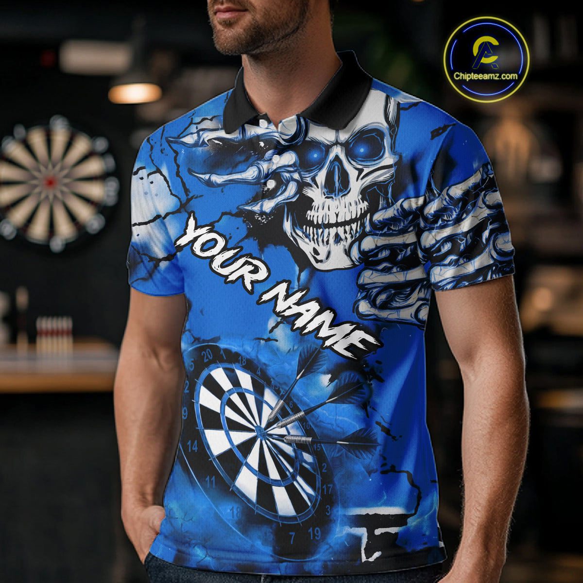 Personalized Blue Grunge Skull Darts Shirt For Men Custom Darts Team Jersey Polo & Quarter Zip TDM5029