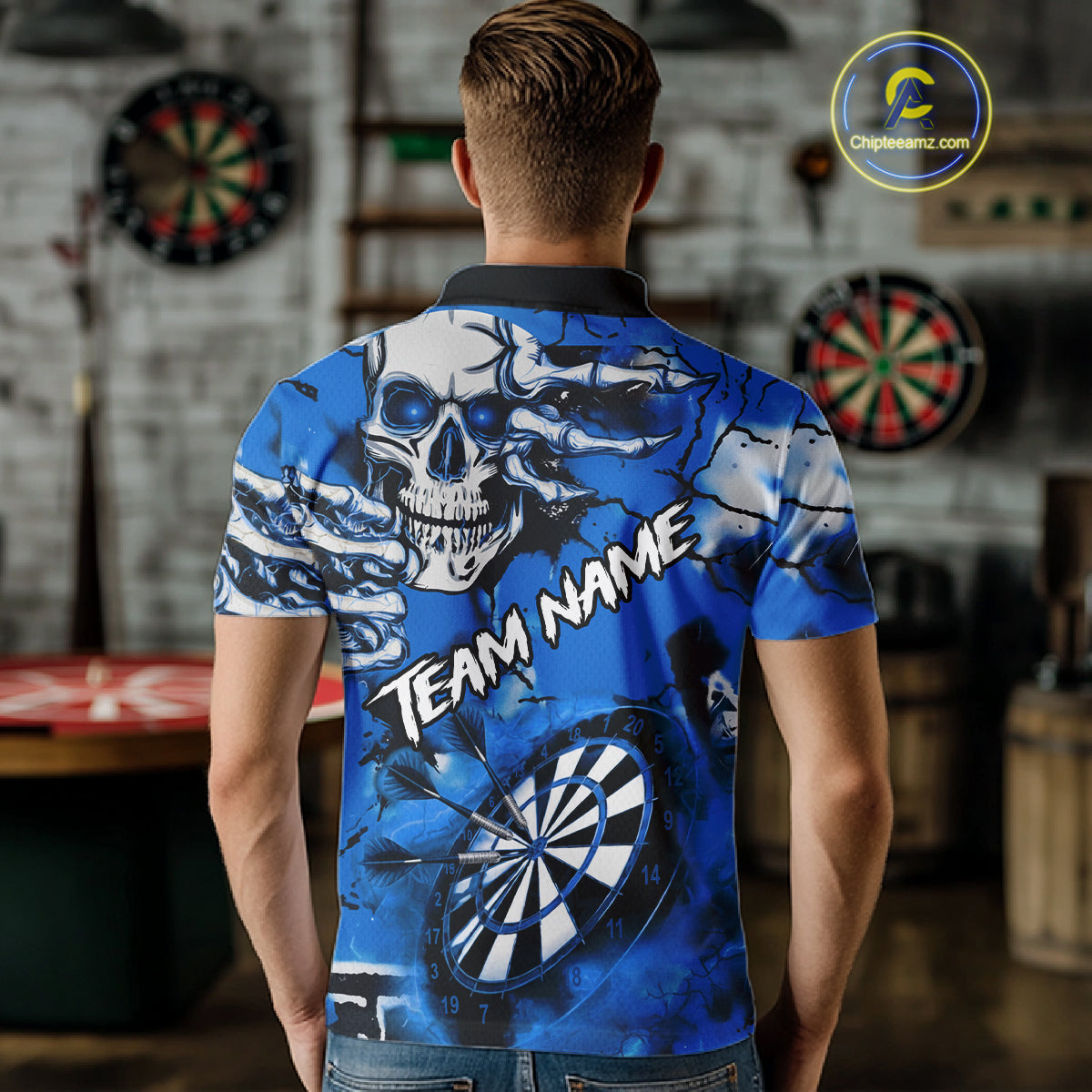 Personalized Blue Grunge Skull Darts Shirt For Men Custom Darts Team Jersey Polo & Quarter Zip TDM5029