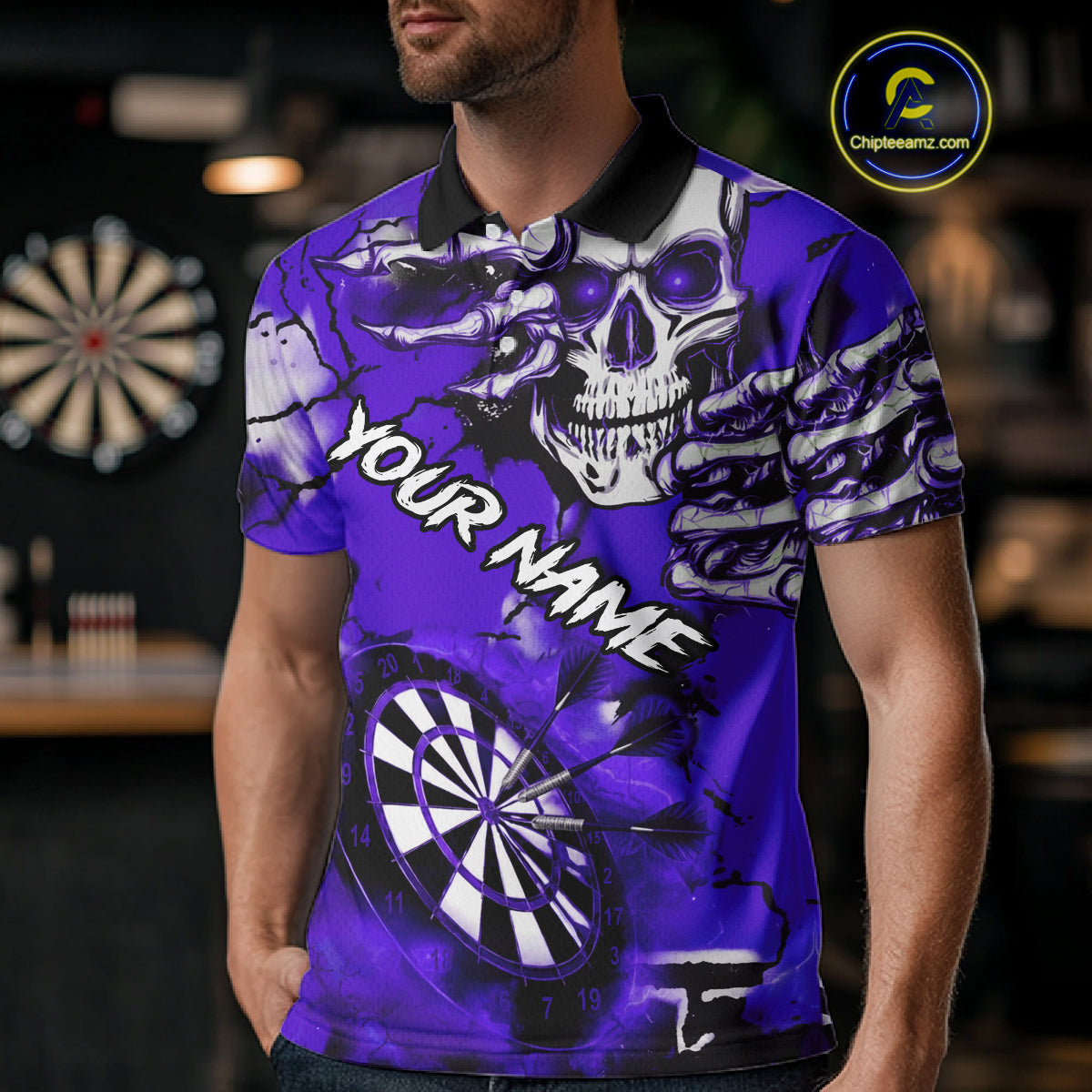 Personalized Purple Grunge Skull Darts Shirt For Men Custom Darts Team Jersey Polo & Quarter Zip TDM5030