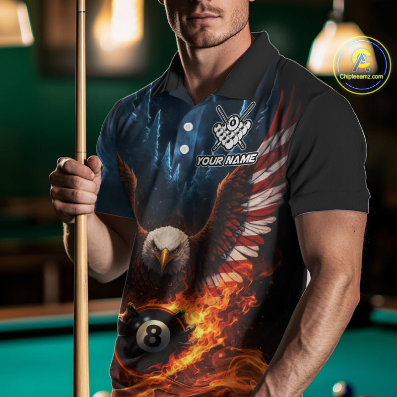 American Flag Eagle 8 Ball Flame Billiard Shirt For Men Custom Patriotic Pool Jersey Polo, 1/4 Zip TDM5754