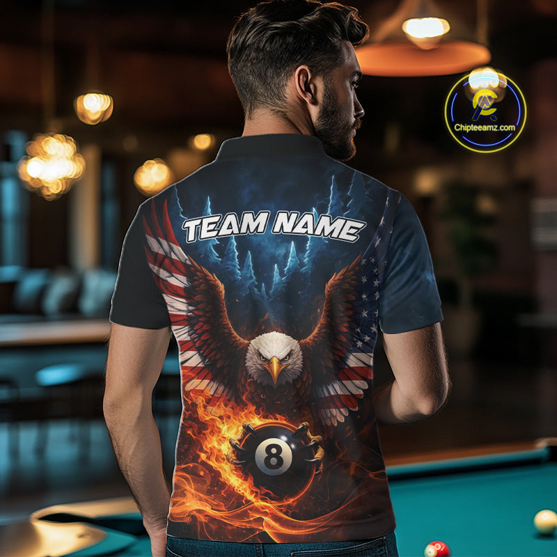 American Flag Eagle 8 Ball Flame Billiard Shirt For Men Custom Patriotic Pool Jersey Polo, 1/4 Zip TDM5754