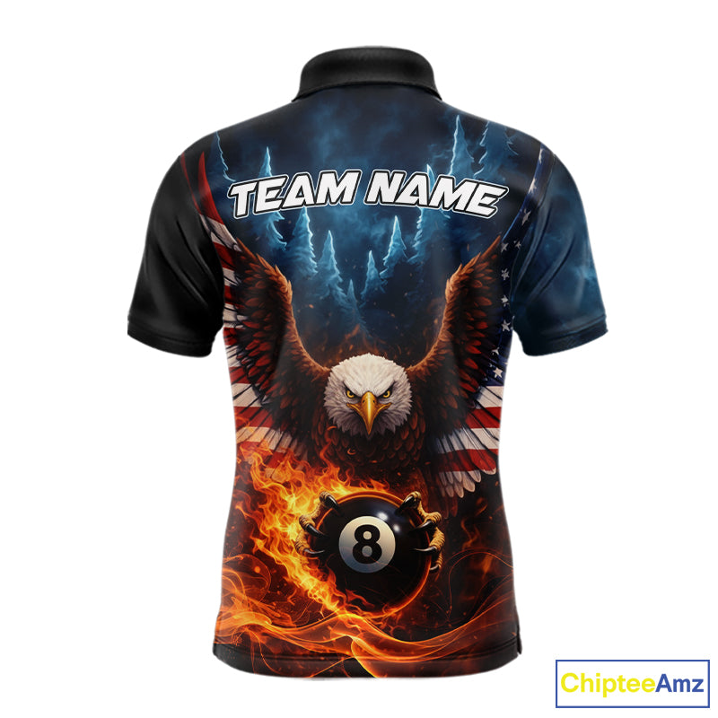 American Flag Eagle 8 Ball Flame Billiard Shirt For Men Custom Patriotic Pool Jersey Polo, 1/4 Zip TDM5754