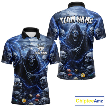 Blue Grim Reaper Lightning Billiard Shirt For Men Custom Skull Pool Team Jersey Polo & 1/4 Zip TDM5963