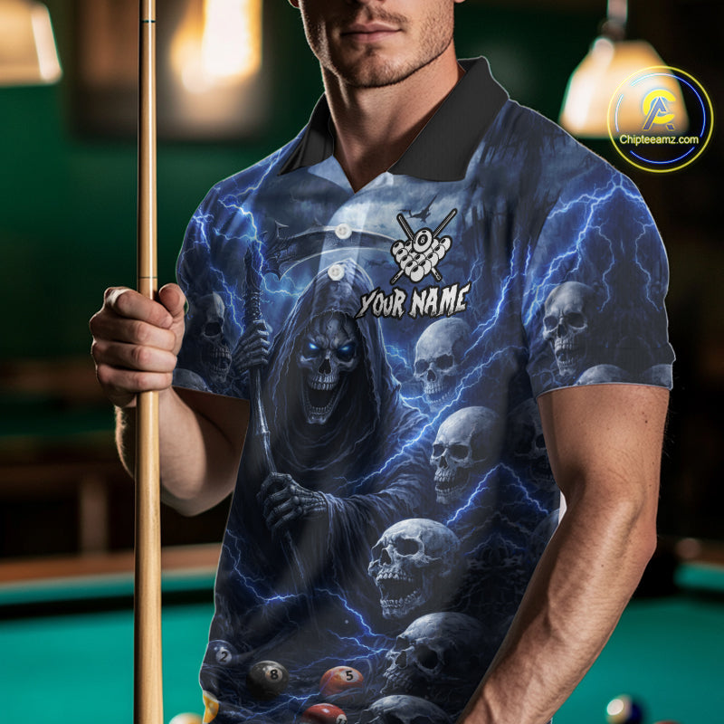 Blue Grim Reaper Lightning Billiard Shirt For Men Custom Skull Pool Team Jersey Polo & 1/4 Zip TDM5963