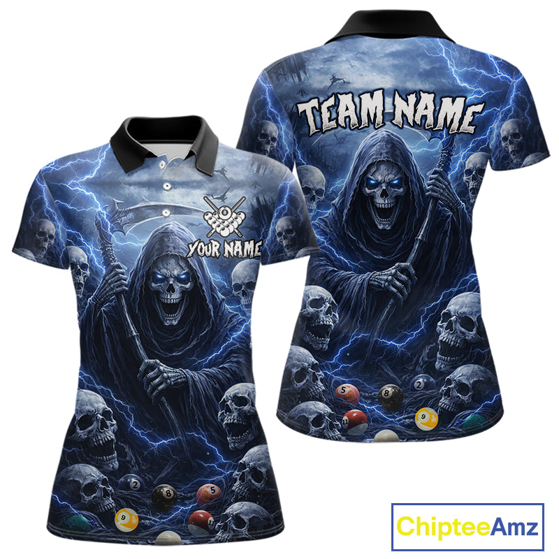 Blue Grim Reaper Lightning Billiard Shirt For Women Custom Skull Pool Team Jersey Polo & 1/4 Zip TDM5963