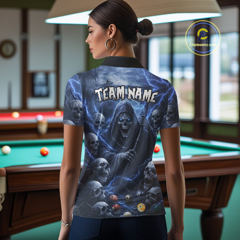 Blue Grim Reaper Lightning Billiard Shirt For Women Custom Skull Pool Team Jersey Polo & 1/4 Zip TDM5963