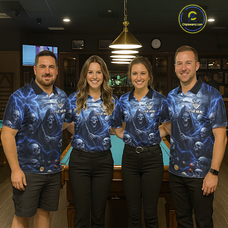 Blue Grim Reaper Lightning Billiard Shirt For Men Custom Skull Pool Team Jersey Polo & 1/4 Zip TDM5963