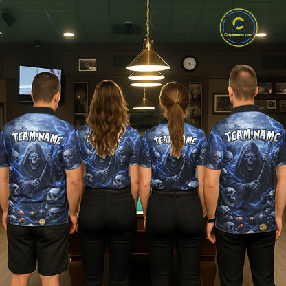 Blue Grim Reaper Lightning Billiard Shirt For Men Custom Skull Pool Team Jersey Polo & 1/4 Zip TDM5963