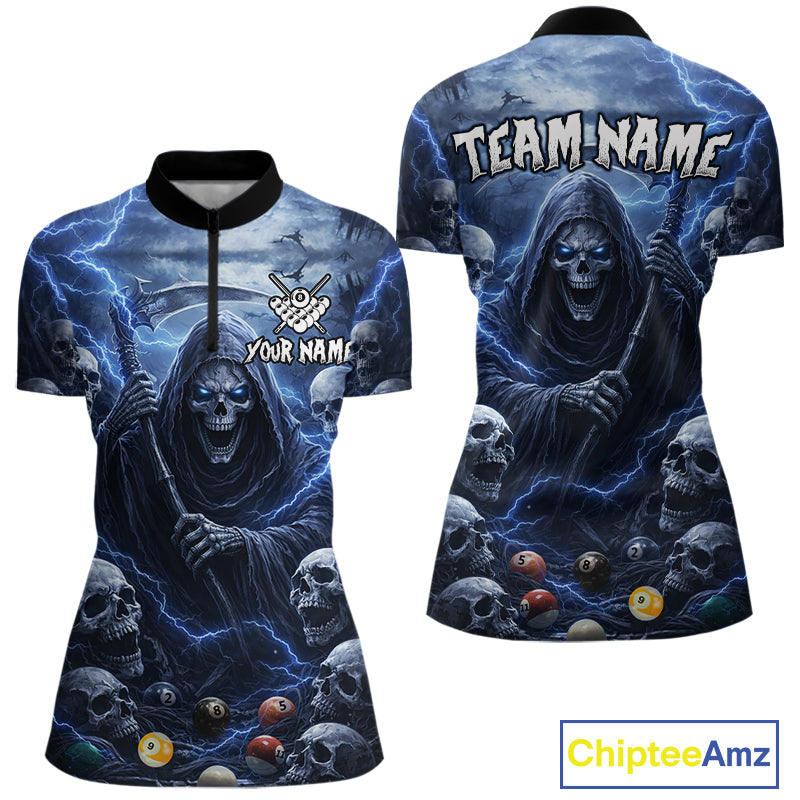 Blue Grim Reaper Lightning Billiard Shirt For Women Custom Skull Pool Team Jersey Polo & 1/4 Zip TDM5963