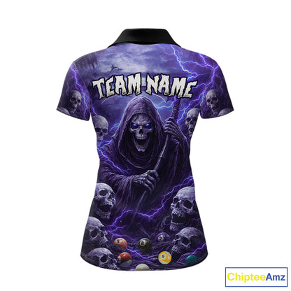 Purple Grim Reaper Lightning Billiard Shirt For Women Custom Skull Pool Team Jersey Polo & 1/4 Zip TDM5964