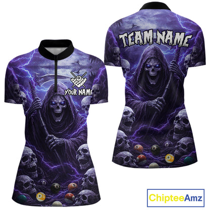 Purple Grim Reaper Lightning Billiard Shirt For Women Custom Skull Pool Team Jersey Polo & 1/4 Zip TDM5964