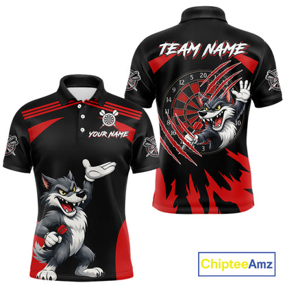 Black And Red Funny Wolf Darts Shirt For Men Custom Darts Jersey, Darts Outift Polo & 1/4 Zip TDM6142
