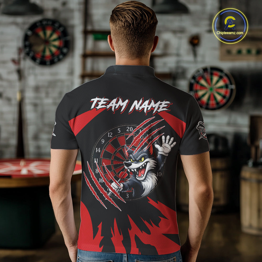 Black And Red Funny Wolf Darts Shirt For Men Custom Darts Jersey, Darts Outift Polo & 1/4 Zip TDM6142