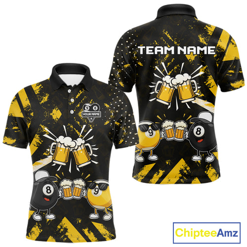 Yellow Black Funny Beer Billiard Shirt For Men Custom 8 Ball & 9 Ball Pool Jersey Polo & 1/4 Zip TDM5288
