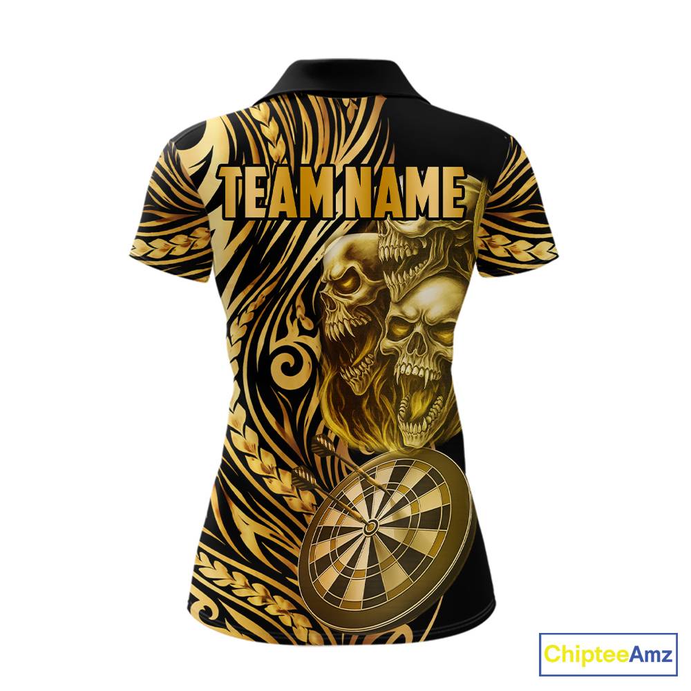 Black And Gold Custom Skull Darts Shirt For Women, Tribal Darts Team Jersey Polo & Quarter Zip TDM5805