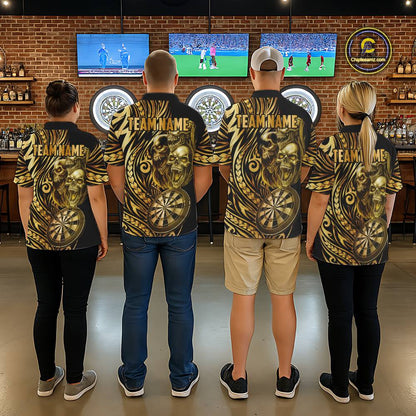 Black And Gold Custom Skull Darts Shirt For Women, Tribal Darts Team Jersey Polo & Quarter Zip TDM5805