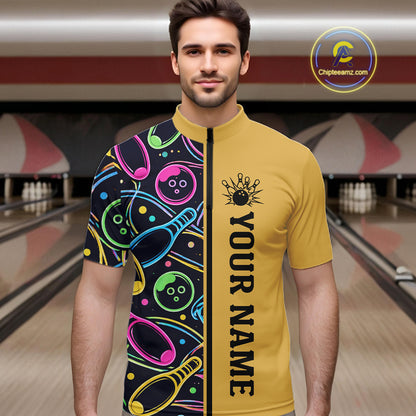 Personalized Funny Neon Bowing Shirt For Men, Retro Bowling Team Jersey Polo & 1/4 Zip | Yellow TDM6186