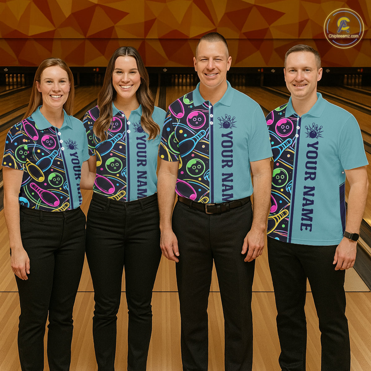 Personalized Funny Neon Bowing Shirt For Women, Retro Bowling Team Jersey Polo & 1/4 Zip | Teal TDM6187
