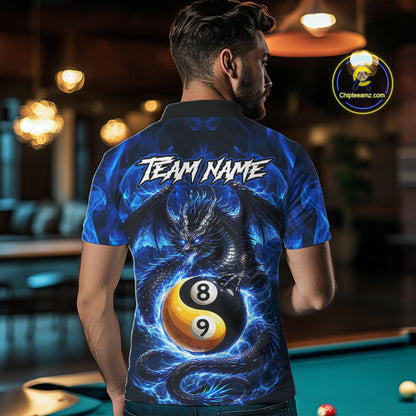 Blue 8 Ball & 9 Ball Fire Yin And Yang Dragon Billiard Shirt For Men Custom Pool Team Jersey TDM5841
