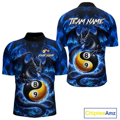 Blue 8 Ball & 9 Ball Fire Yin And Yang Dragon Billiard Shirt For Men Custom Pool Team Jersey TDM5841
