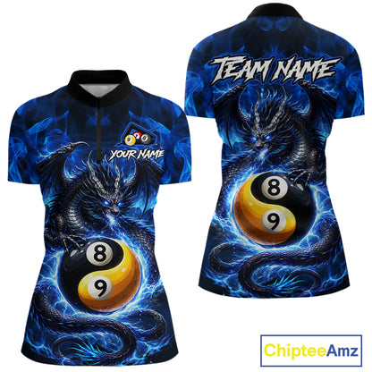 Blue 8 Ball & 9 Ball Fire Yin And Yang Dragon Billiard Shirt For Women Custom Pool Team Jersey TDM5841