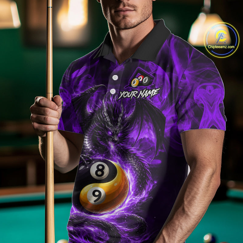 Purple 8 Ball & 9 Ball Fire Yin And Yang Dragon Billiard Shirt For Men Custom Pool Team Jersey TDM5843