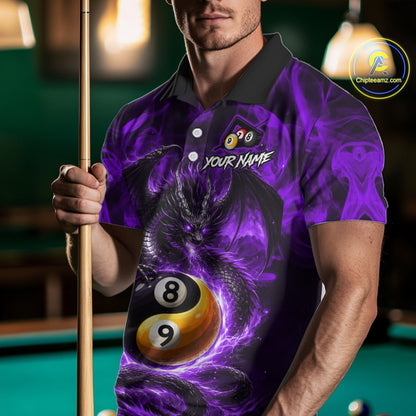 Purple 8 Ball & 9 Ball Fire Yin And Yang Dragon Billiard Shirt For Men Custom Pool Team Jersey TDM5843