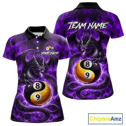 Purple 8 Ball & 9 Ball Fire Yin And Yang Dragon Billiard Shirt For Women Custom Pool Team Jersey TDM5843