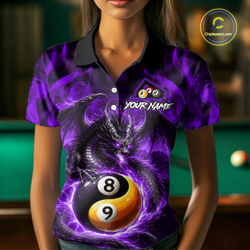 Purple 8 Ball & 9 Ball Fire Yin And Yang Dragon Billiard Shirt For Women Custom Pool Team Jersey TDM5843