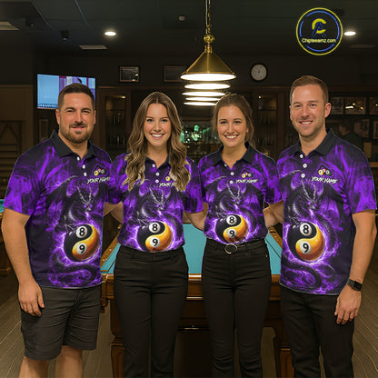 Purple 8 Ball & 9 Ball Fire Yin And Yang Dragon Billiard Shirt For Women Custom Pool Team Jersey TDM5843