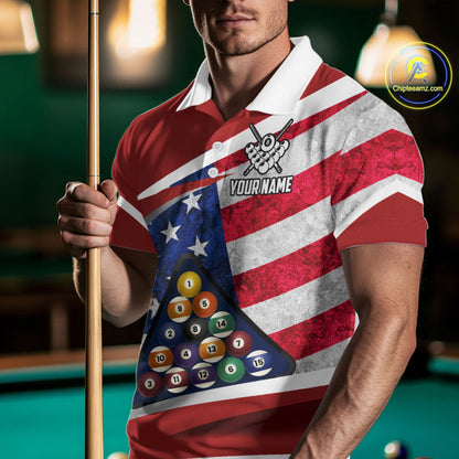 Personalized American Flag Billiard Shirt For Men Custom Patriotic Pool Team Jersey Polo & 1/4 Zip TDM5610