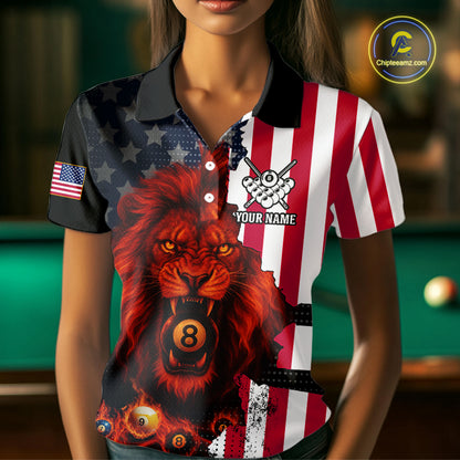 American Flag Lion 8 Ball Billiard Shirt For Women Custom Patriotic Pool Team Shirt Polo & 1/4 Zip TDM5341