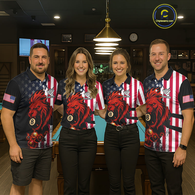 Personalized Lion American Flag Billiard Shirt For Women, 8 Ball Pool Team Jersey Polo & 1/4 Zip TDM5342
