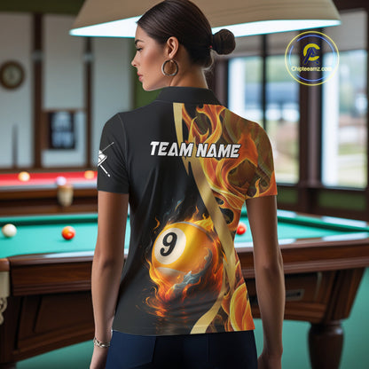 Personalized Fire Flame 9 Ball Pool Golden Billiard Shirt For Women, Billiard Jersey Polo & 1/4 Zip TDM5348