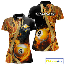 Load image into Gallery viewer, Personalized Fire Flame 9 Ball Pool Golden Billiard Shirt For Women, Billiard Jersey Polo &amp; 1/4 Zip TDM5348