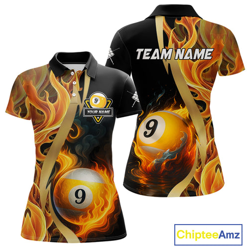 Personalized Fire Flame 9 Ball Pool Golden Billiard Shirt For Women, Billiard Jersey Polo & 1/4 Zip TDM5348