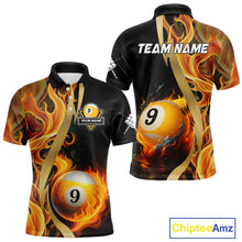 Load image into Gallery viewer, Personalized Fire Flame 9 Ball Pool Golden Billiard Shirt For Men, Billiard Jersey Polo &amp; 1/4 Zip TDM5348