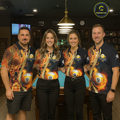 Personalized Fire Flame 9 Ball Pool Golden Billiard Shirt For Men, Billiard Jersey Polo & 1/4 Zip TDM5348