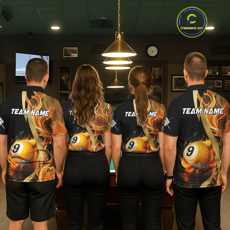 Personalized Fire Flame 9 Ball Pool Golden Billiard Shirt For Men, Billiard Jersey Polo & 1/4 Zip TDM5348