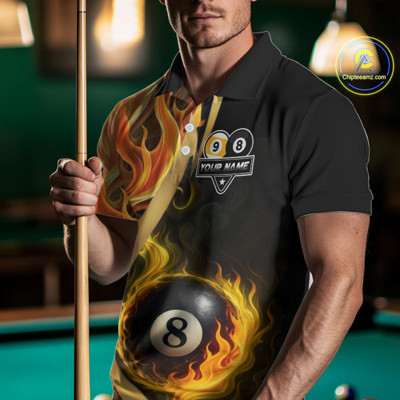 Orange 8 Ball & 9 Ball Fire Flame Billiard Shirt For Men Custom Pool Team Shirts, Billiard Jersey TDM5349