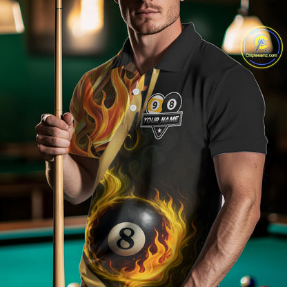 Orange 8 Ball & 9 Ball Fire Flame Billiard Shirt For Men Custom Pool Team Shirts, Billiard Jersey TDM5349