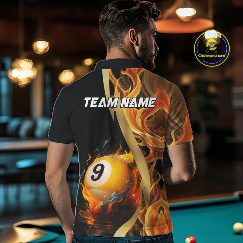 Orange 8 Ball & 9 Ball Fire Flame Billiard Shirt For Men Custom Pool Team Shirts, Billiard Jersey TDM5349